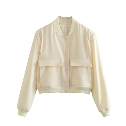 2024 Woman Bomber Jacket Coat White Autumn Winter Button Baseball