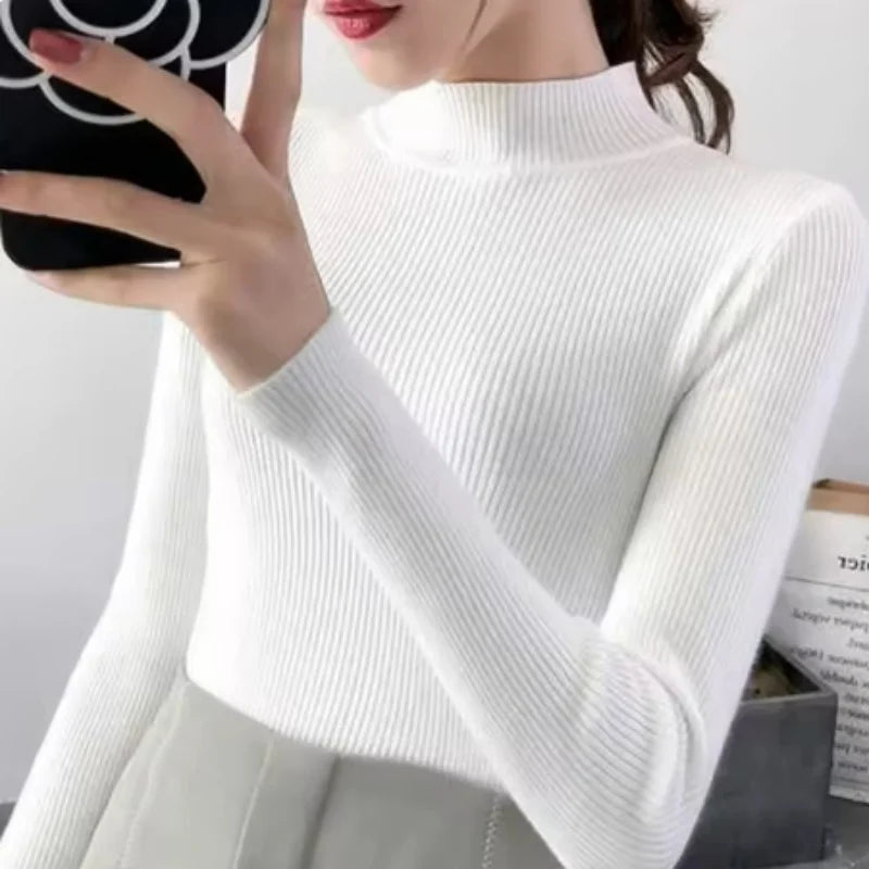 Autumn Winter Mock Neck Women Sweater Vintage Basic Solid Knitted Tops