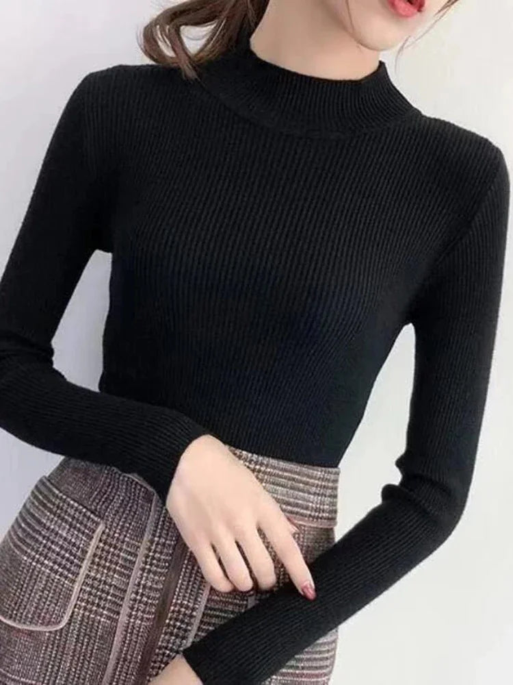 Autumn Winter Mock Neck Women Sweater Vintage Basic Solid Knitted Tops