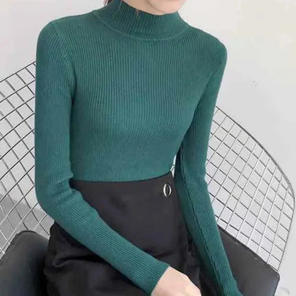 Autumn Winter Mock Neck Women Sweater Vintage Basic Solid Knitted Tops