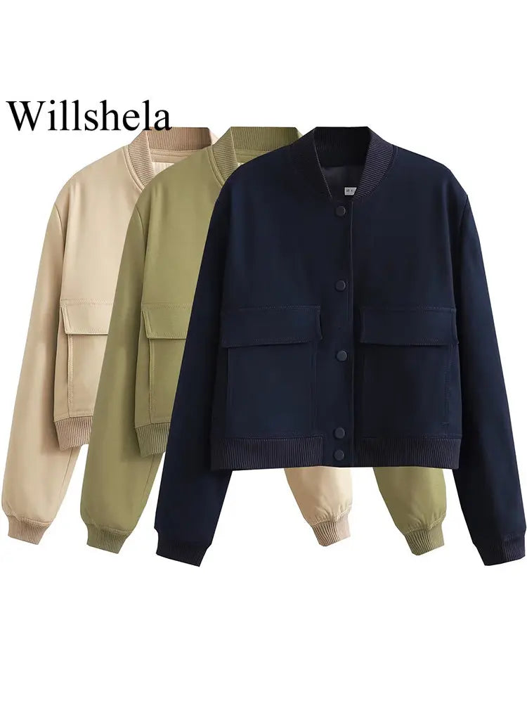 Willshela Women Fashion Solid Bomber Jackets Coat With Pockets V-Neck