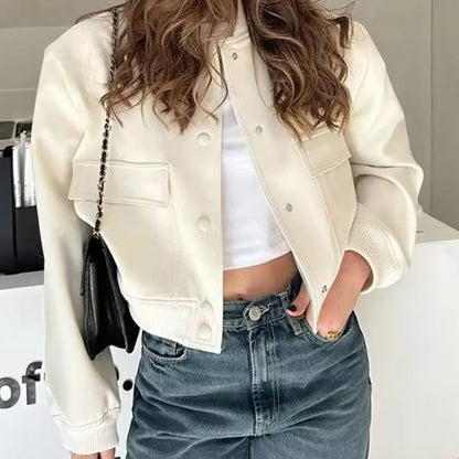 2024 Woman Bomber Jacket Coat White Autumn Winter Button Baseball