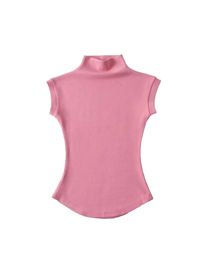 Women Summer Sexy Turtleneck Sleeveless T-Shirts Tops Solid Slim Fit