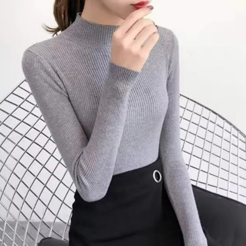 Autumn Winter Mock Neck Women Sweater Vintage Basic Solid Knitted Tops